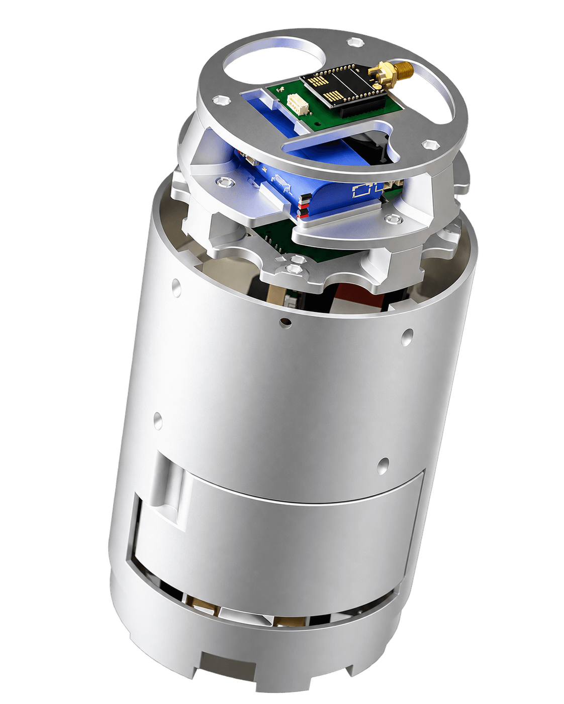 CanSat model with its aluminum frame and onboard electronics